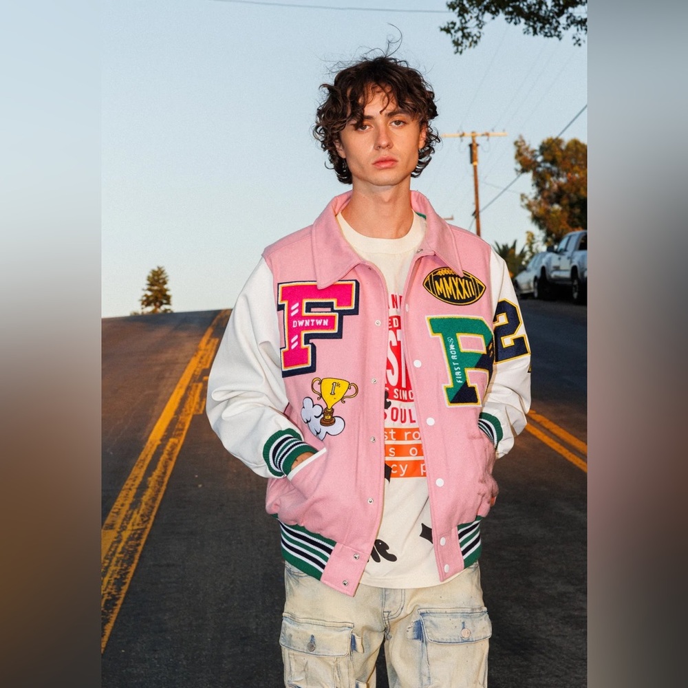Pink Varsity Jacket with Graphic Patches